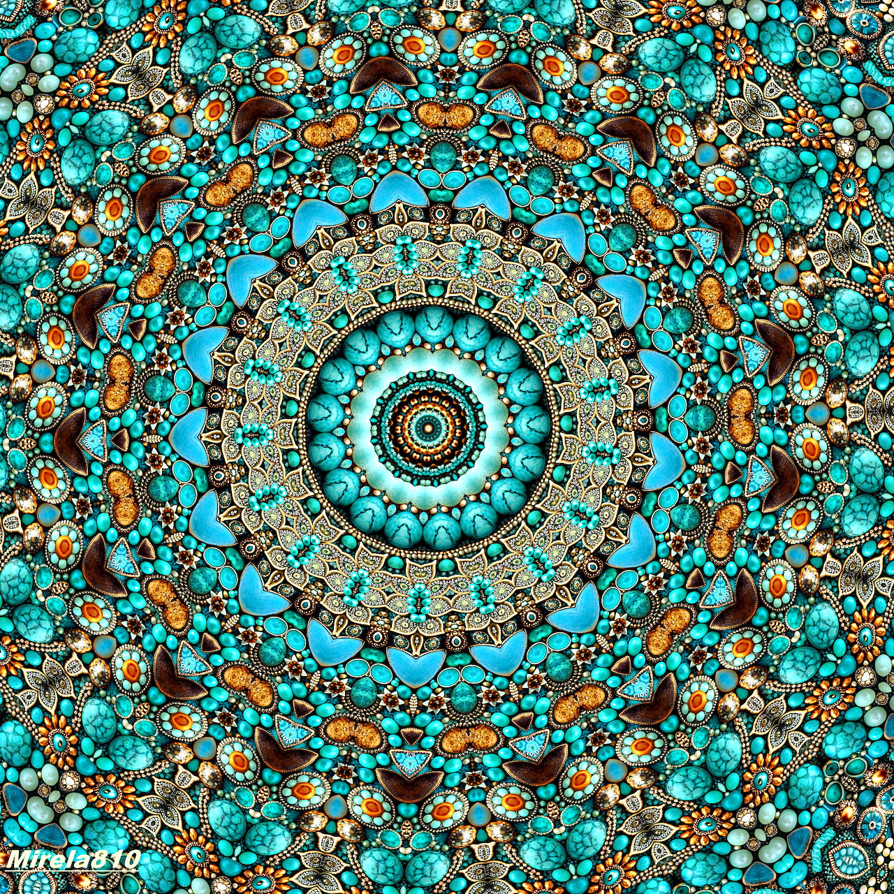 Detailed turquoise and orange mandala with symmetrical geometric patterns radiating from center