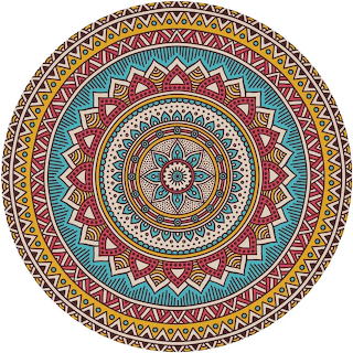 Colorful circular mandala with intricate geometric patterns on a white background
