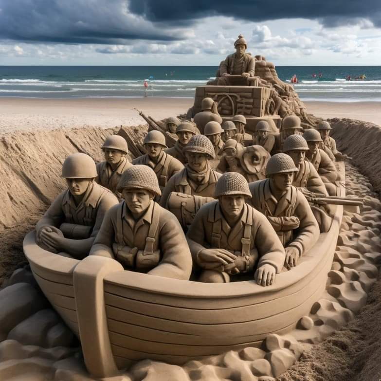 Sand sculpture of WWII soldiers in a landing craft on a beach depicting the D-Day landings