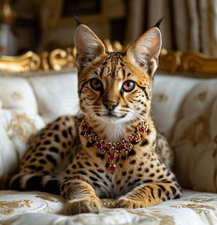 Serval cat lying on an ornate sofa wearing a jeweled collar