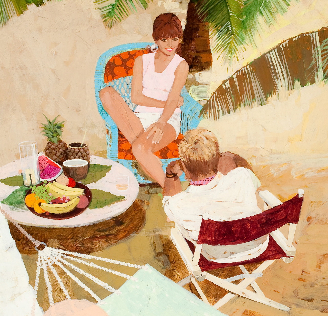 Retro illustration of a man and woman sitting by a fruit table under palm leaves near a beach