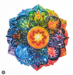 Colorful mandala with rainbow petals and star center in intricate layered design