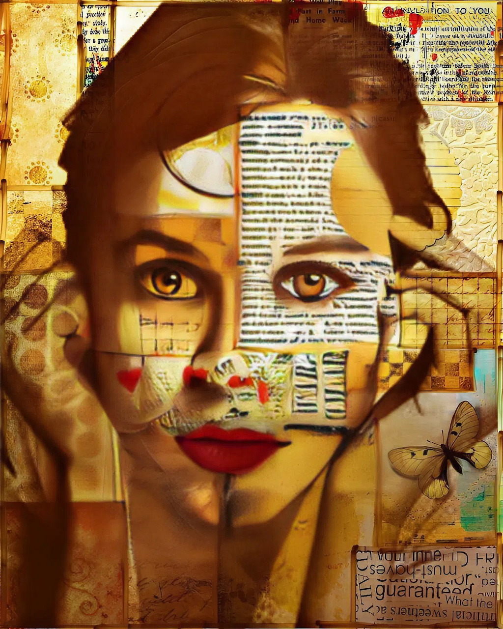 Mixed-media folk art figure with patchwork textures and warm colors
