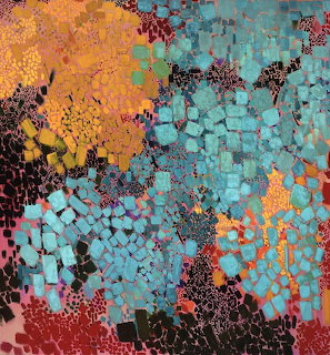 Abstract painting with turquoise, orange and pink mosaic patterns