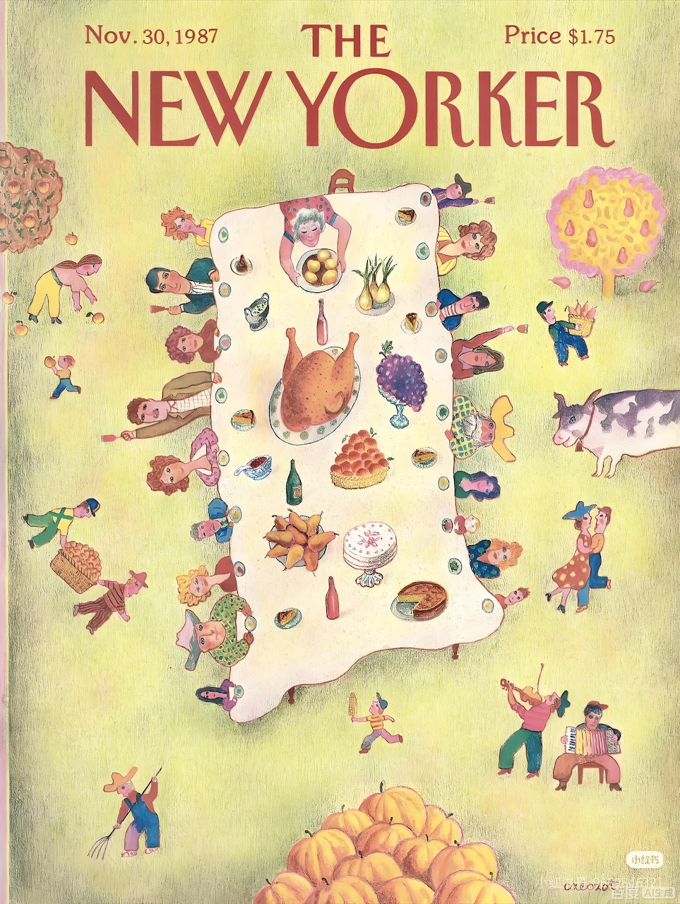 Aerial view of Thanksgiving dinner table with guests gathered around, vintage magazine cover illustration