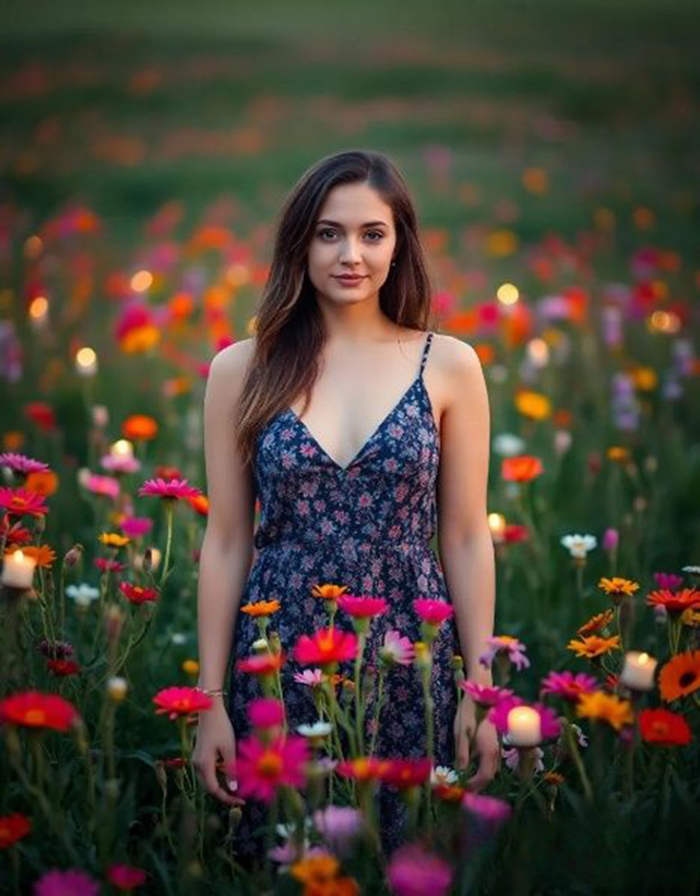 Young woman in a floral dress standing in a colorful flower field at dusk