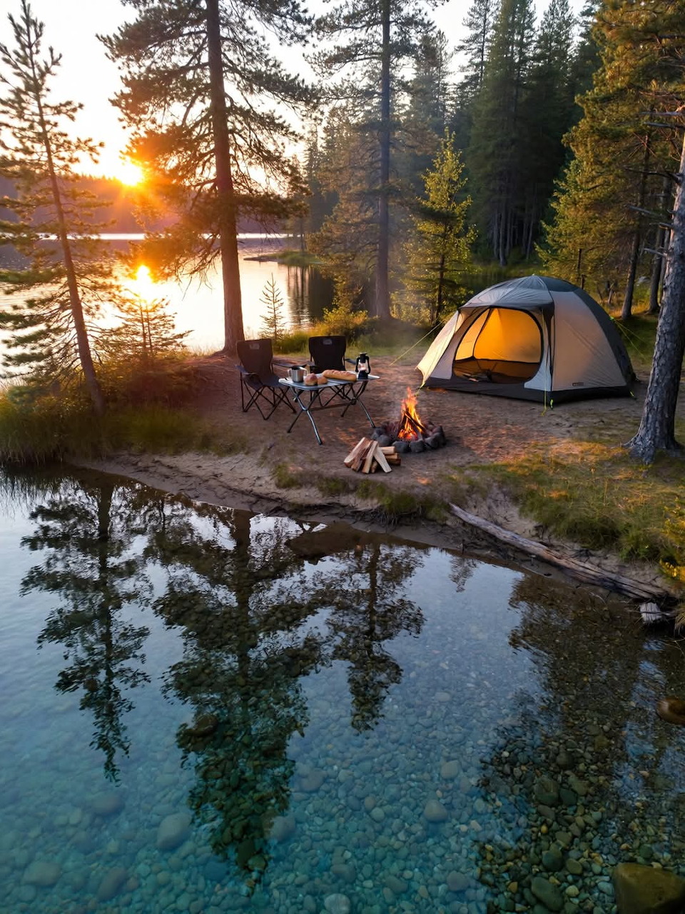 Tent and campfire beside a clear forest lake at sunset with pine tree reflections