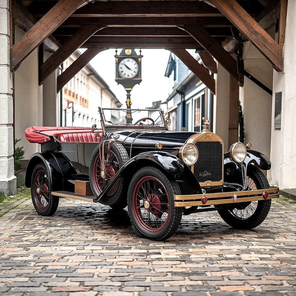 Vintage black and gold convertible car with red wheels under wooden arch on cobblestone street