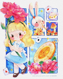Cute watercolor illustration of Alice holding a pink flower with white rabbit, clock, and playing cards