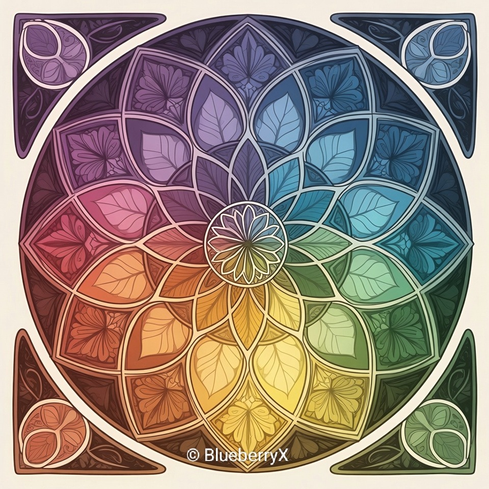 Symmetrical rainbow mandala with layered petals in circular pattern