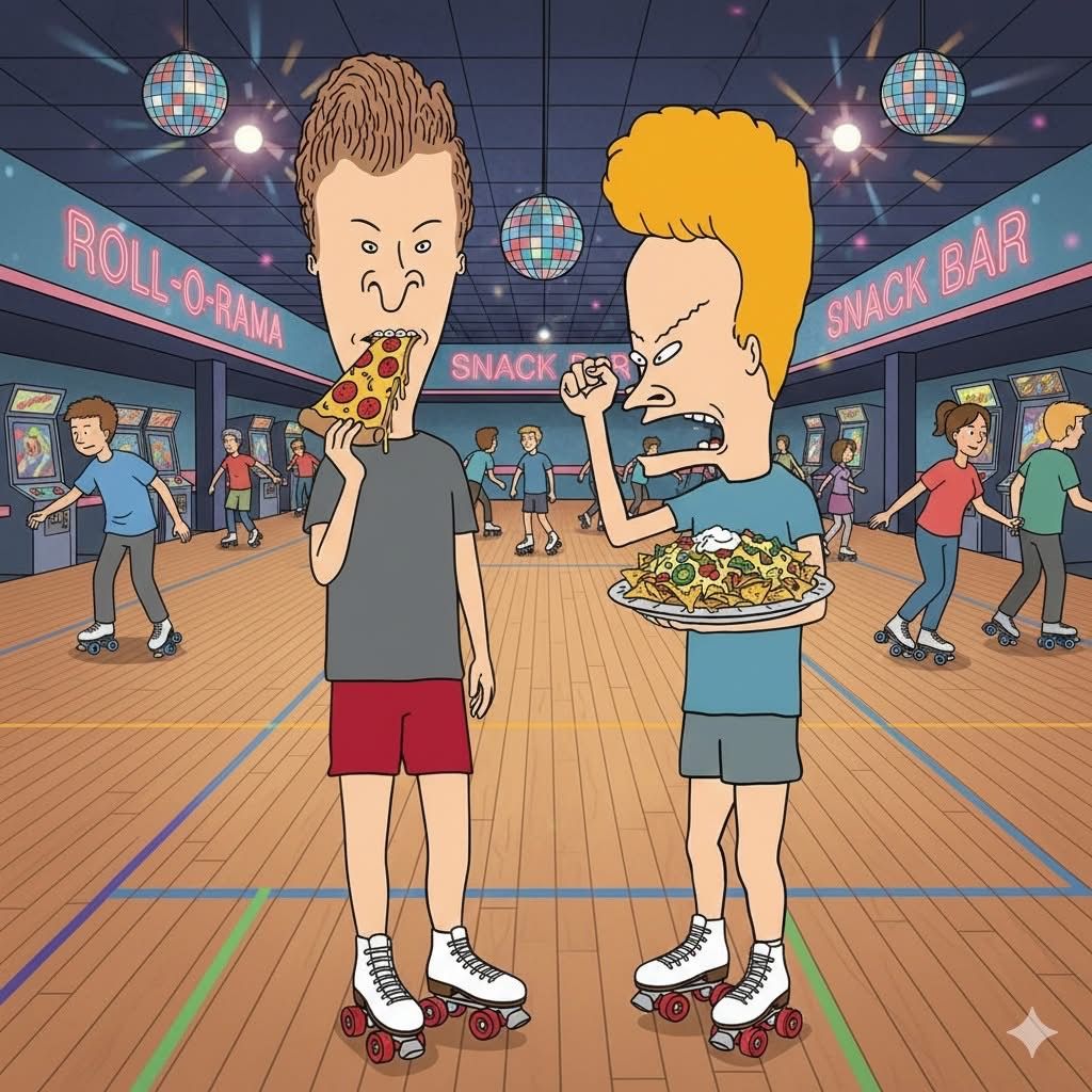 Cartoon of Beavis and Butt-Head on roller skates in a skating rink, eating pizza and snacks