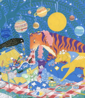 Illustrated tiger with orange and purple stripes floating in a colorful space scene with planets and stars