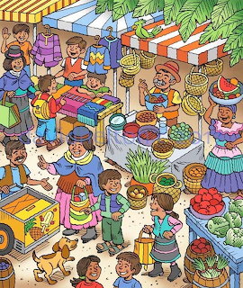 Illustration of busy farmers market with diverse crowd shopping at fruit, vegetable and flower stalls