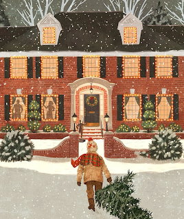 Person pulling Christmas tree toward decorated brick house in falling snow
