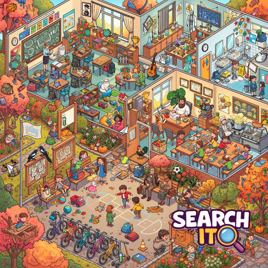 Isometric view of bustling autumn café with patrons, tables, kitchen area, and orange fall leaves surrounding the building