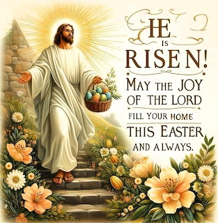 Illustration of Jesus holding a basket of Easter eggs beside a He is Risen message and spring flowers