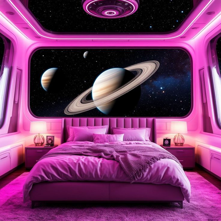 Futuristic pink bedroom with a large space window showing Saturn and planets