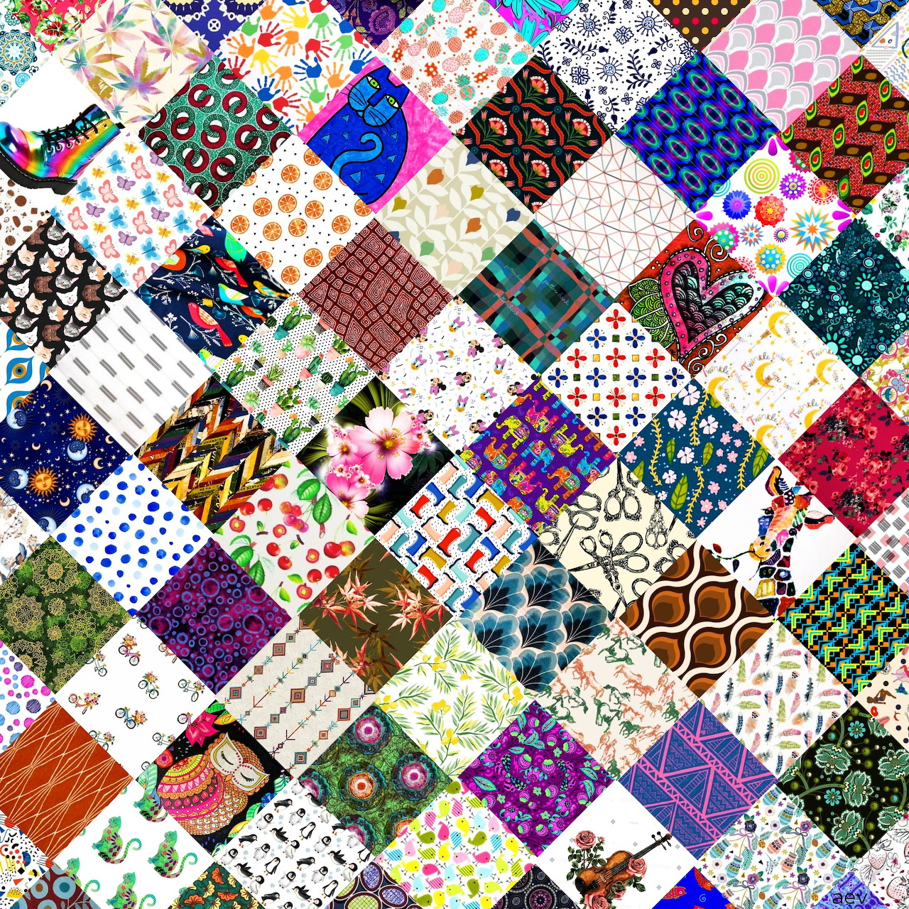 Diagonal patchwork quilt with multicolored fabric squares showing various floral, geometric, and abstract patterns