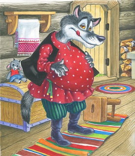 Cartoon wolf in red blouse and green pants standing in a log cabin with a small mouse nearby
