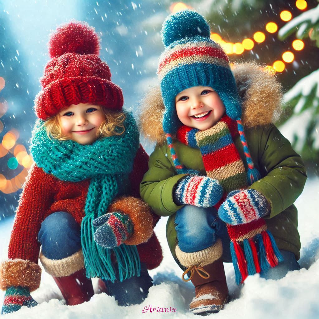 Two smiling children in bright winter hats and scarves kneeling in snow with holiday lights behind them
