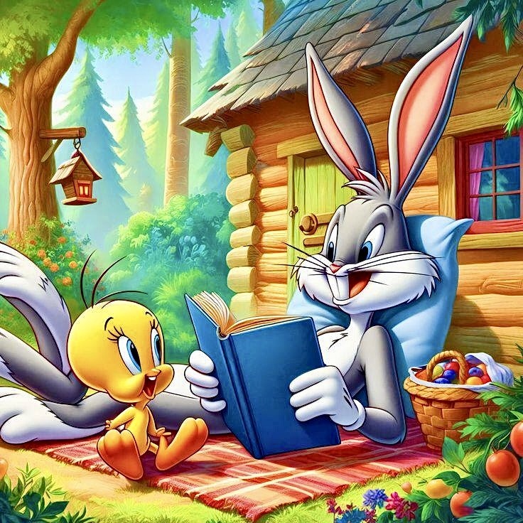 Bugs Bunny reading book to Tweety Bird on cabin porch with flowers and forest background