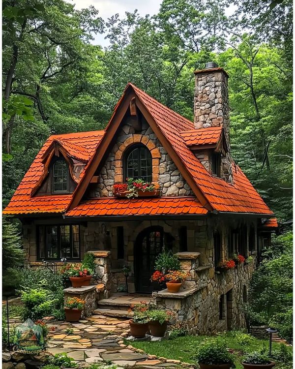 Stone cottage with red tiled roof and chimney in a lush forest garden