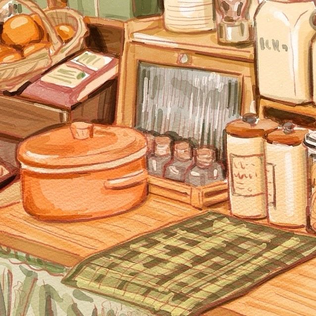 Illustrated kitchen counter with pot, jars, toaster, and woven placemat