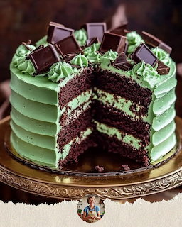 Sliced chocolate layer cake with mint green frosting and chocolate chunks on top