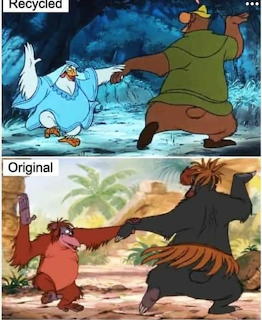 Two stacked cartoon jungle dance scenes showing animated characters side by side for comparison