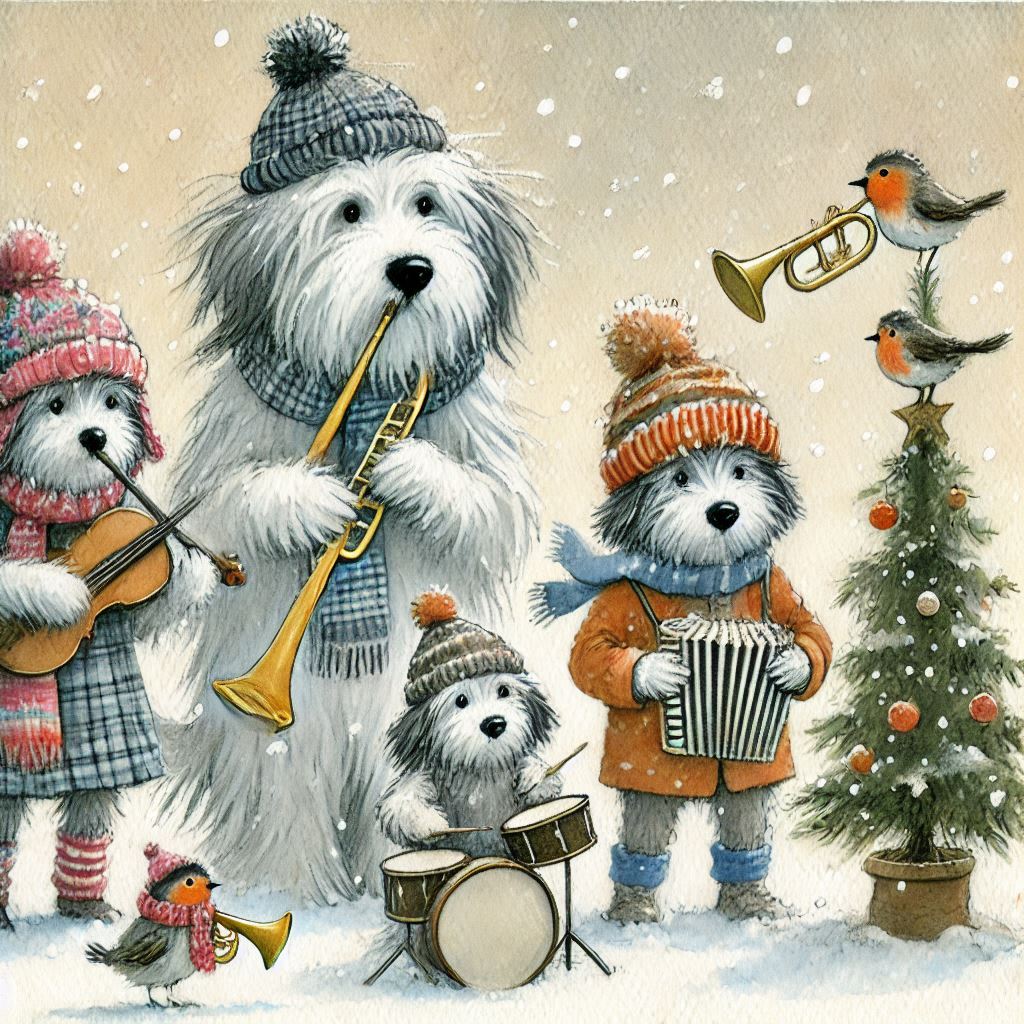 Illustrated dogs in winter clothes playing instruments beside a Christmas tree in falling snow