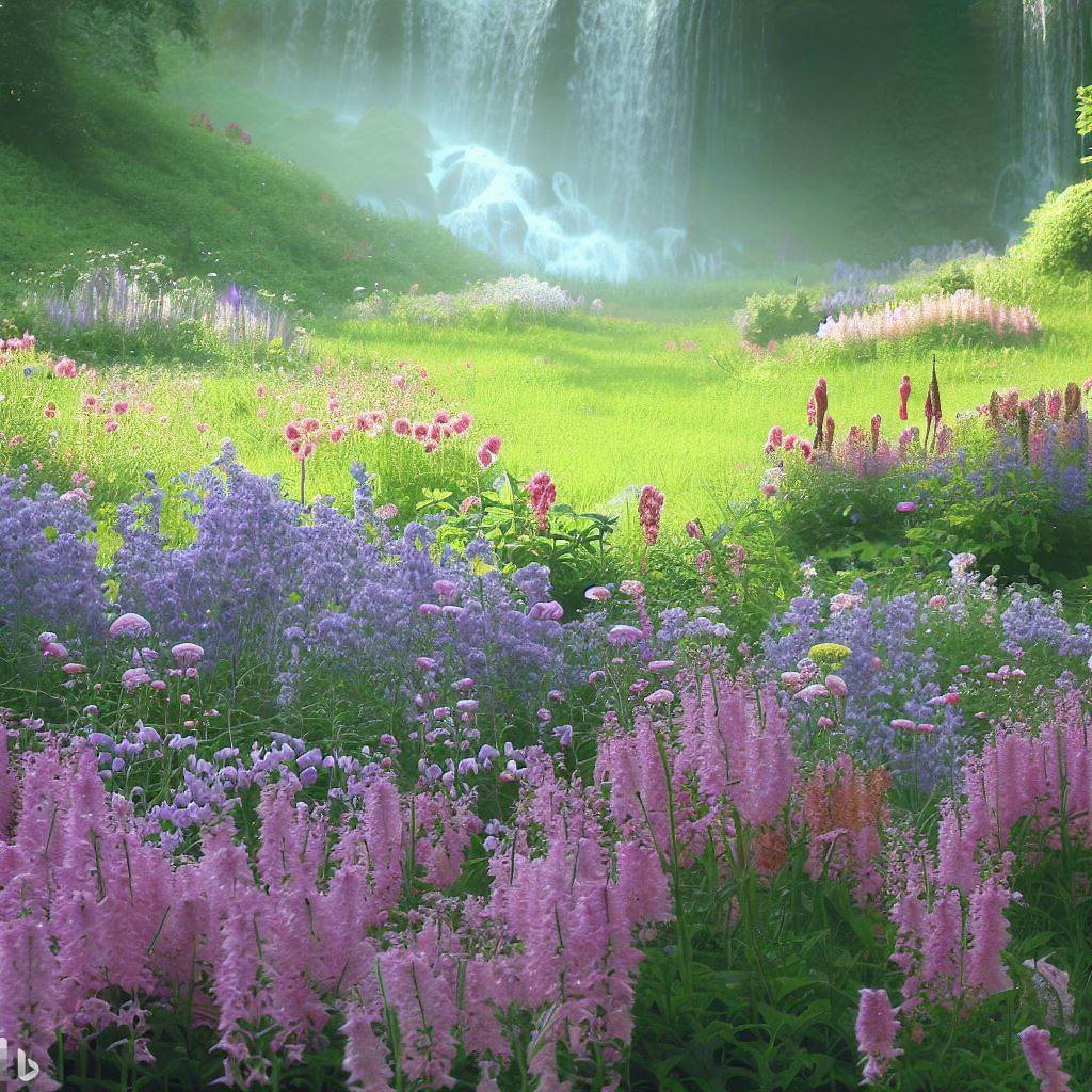 Colorful flower meadow with waterfall in misty green valley