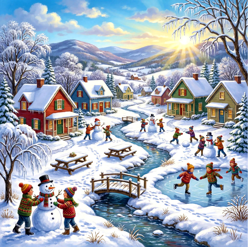 Winter village scene with children skating on frozen creek, cabins, snowmen, and mountains at sunset