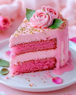 Slice of pink layered cake decorated with rose and gold sprinkles on white plate