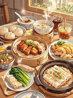 Illustration of a Chinese dim sum meal with bamboo steamers, dumplings, rice rolls, and various dishes on a table