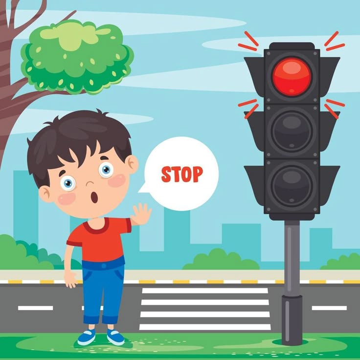 Cartoon boy by a crosswalk with a red traffic light and a stop sign speech bubble