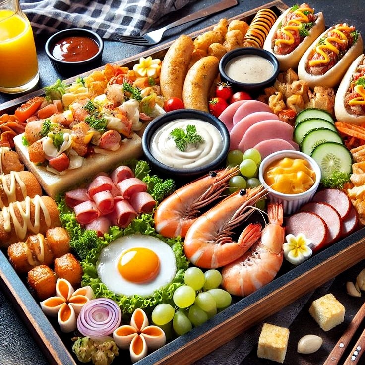 Overhead view of colorful food platter with hot dogs, shrimp, sushi, vegetables, and dipping sauces on wooden board