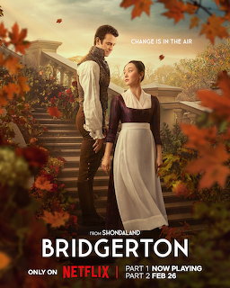Bridgerton poster with a couple in Regency-era clothing on garden steps surrounded by autumn leaves.