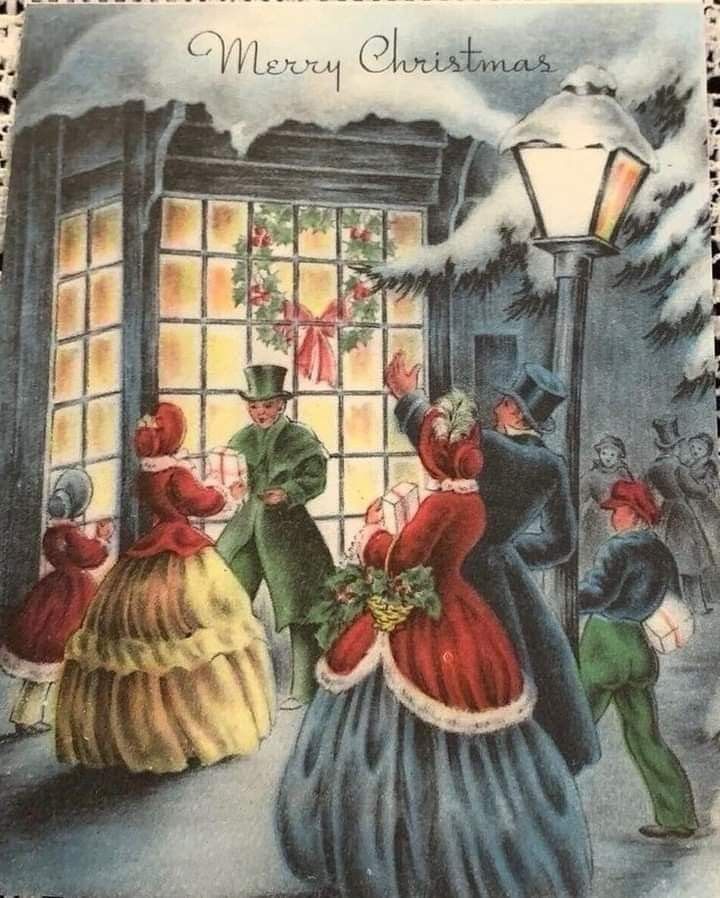 Vintage illustration of Victorian Christmas carolers in the snow outside a lit house