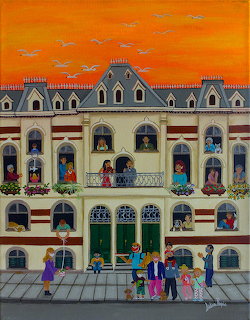 Illustration of a large townhouse facade with many windows, people, and an orange sky