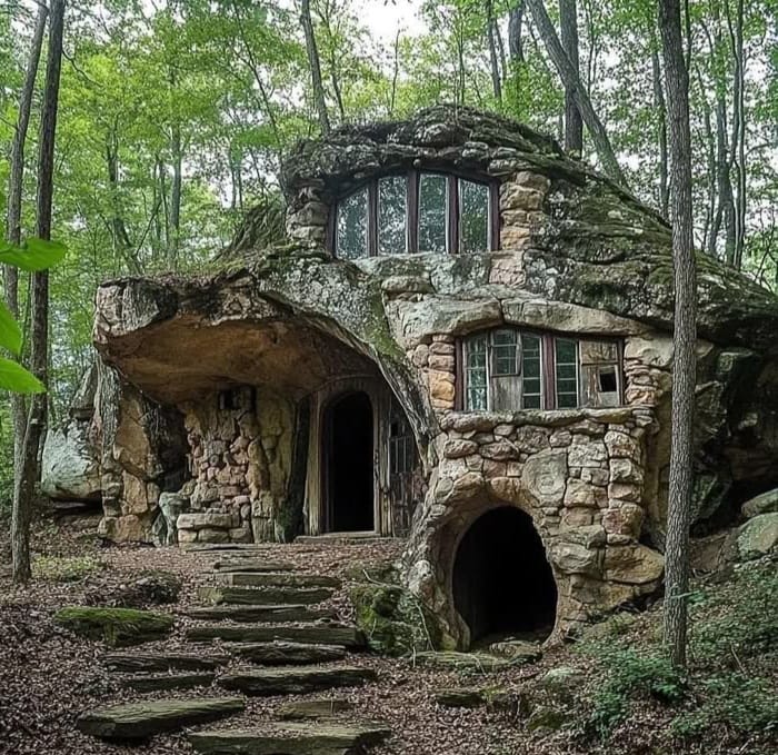 Rustic stone cottage with arched entrance in forest setting