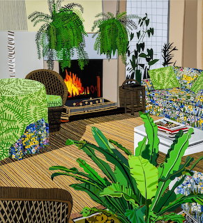 Colorful illustrated living room with fireplace, plants, and patterned sofa
