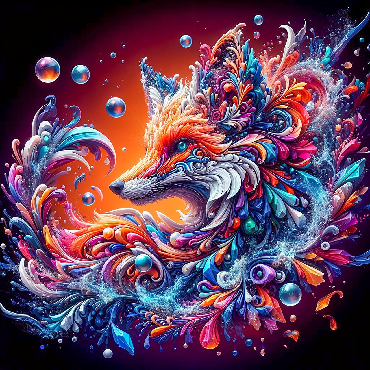 Colorful fantasy fox illustration with swirling feathers, leaves, and bubbles on a dark background