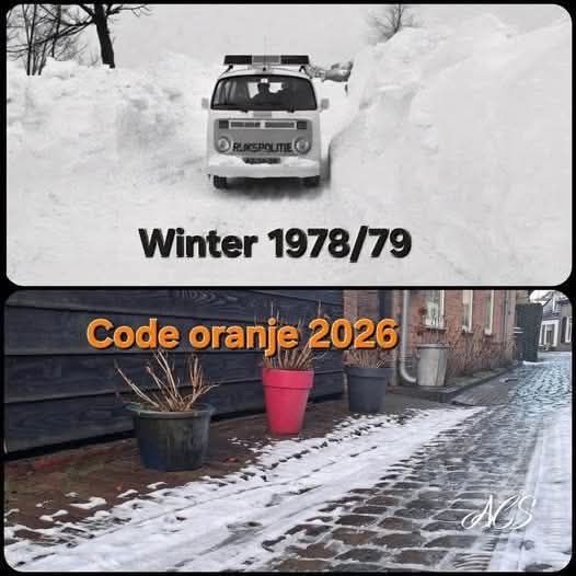Two photos: vintage van in snow winter 1978/79 and modern Dutch street with orange code warning 2026