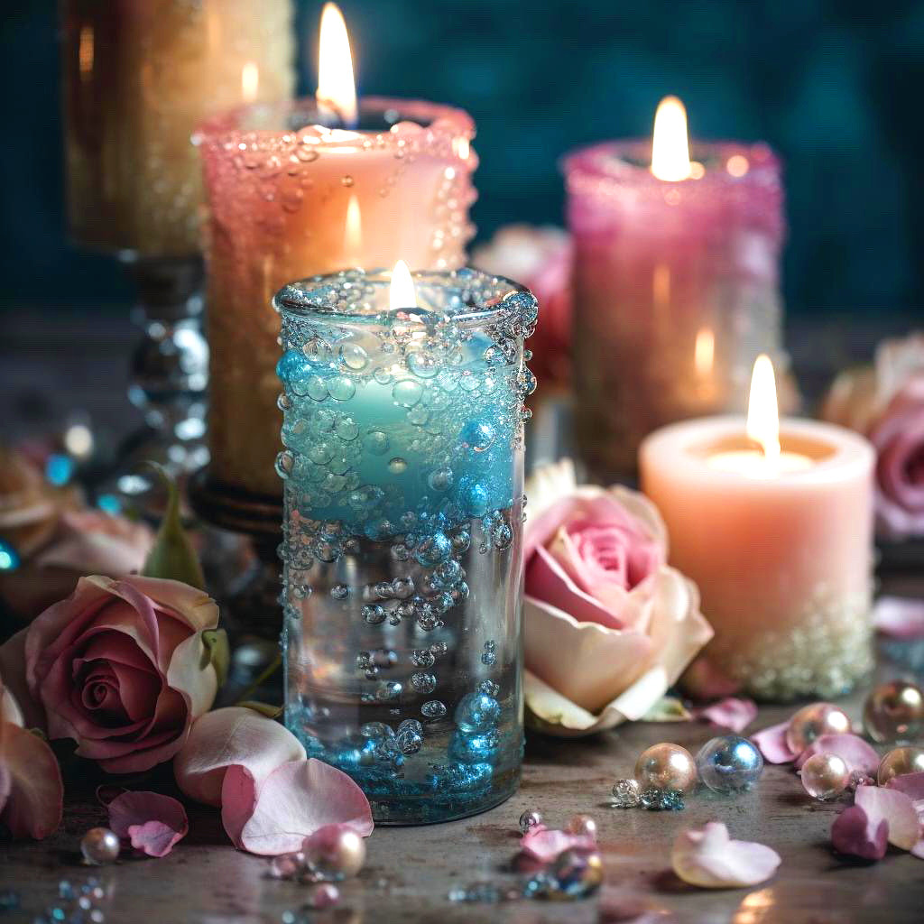 Decorative glass candles in blue, pink and coral with pink roses and scattered petals