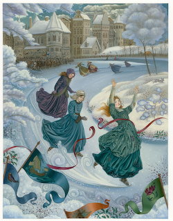 Painting of women ice skating on a snowy pond near a large house in winter