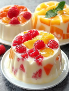 Three layered gelatin desserts topped with strawberries, mango, and mint on white plates