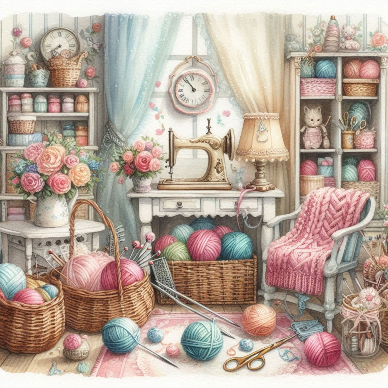 Illustrated craft room with yarn baskets, sewing machine, shelves, flowers, and a pink knitted throw