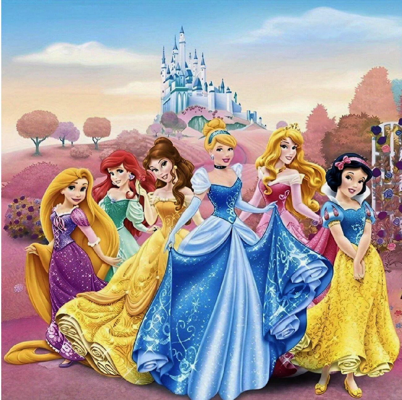 Group of Disney princesses in elegant ball gowns posed in front of a magical castle surrounded by pink trees
