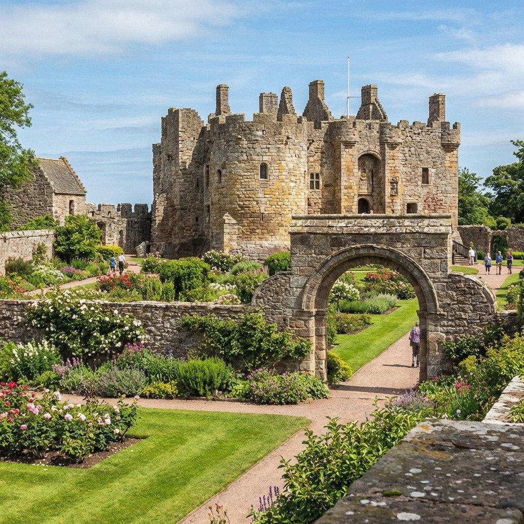 Ruins of Dirleton Castle above a formal garden with flower beds, lawns, and a stone archway