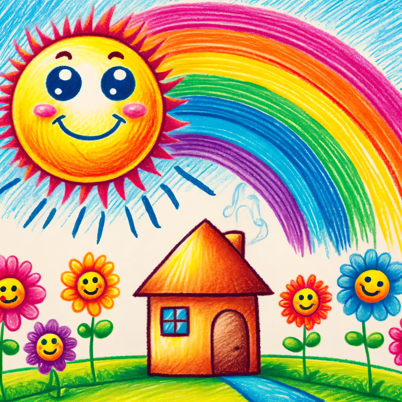 Colorful kids drawing with smiling sun, rainbow, house, and flowers